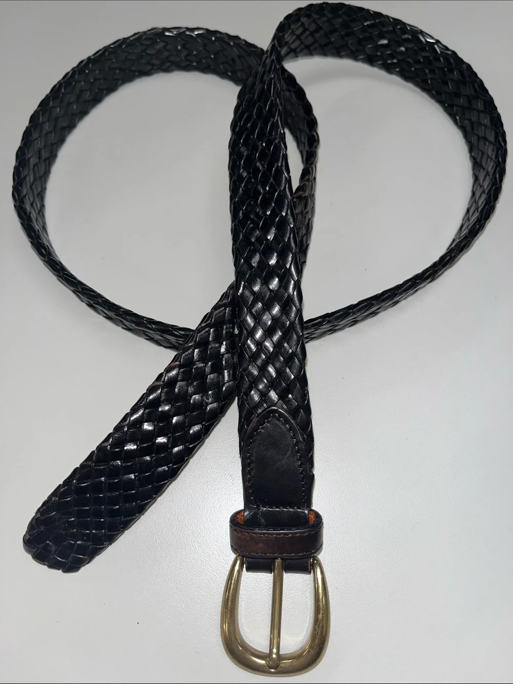 Source Unknown Black Woven Leather Belt with Brass Buckle